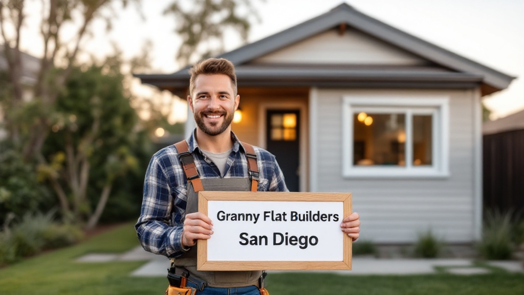 a builder holding a sign which reads Granny Flat Builders San Diego